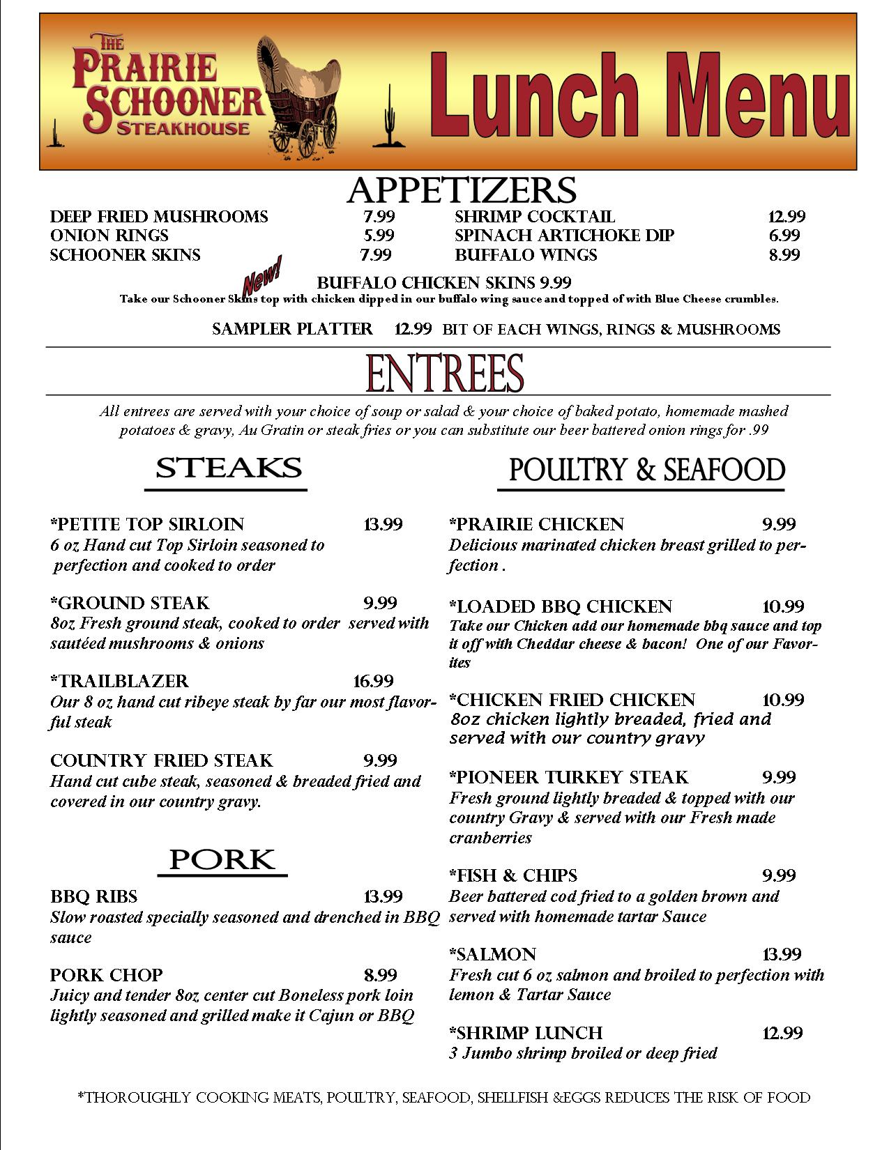 Prairie Schooner Lunch Menu