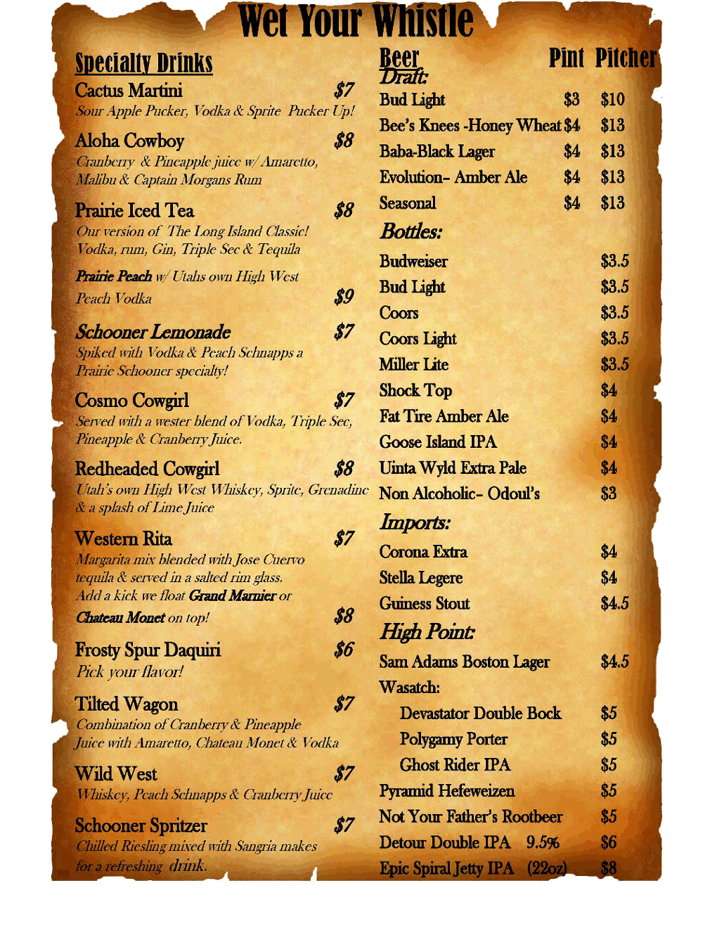 Prairie Schooner Drink Menu