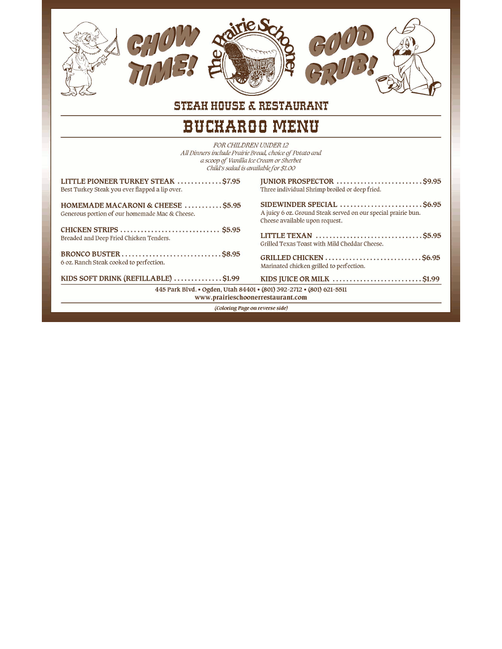 Prairie Schooner Kids Menu